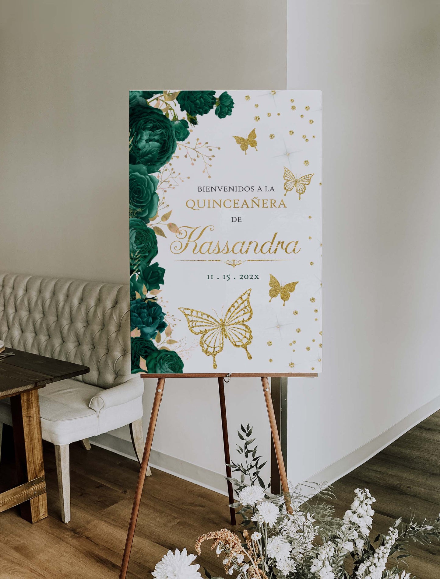 Emerald Green and Gold Butterfly Welcome Sign Style: Kassandra