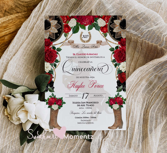 Red and Black Charro Quinceanera Invitation Style: Kaylee