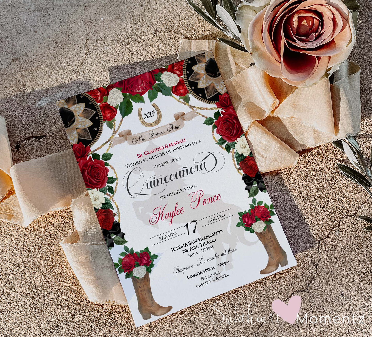 Red and Black Charro Quinceanera Invitation Style: Kaylee