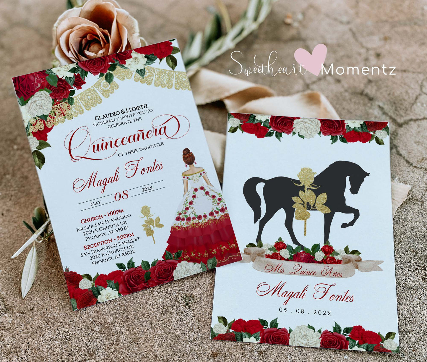 Red and Gold Charro Quinceanera Invitation Style: Magali