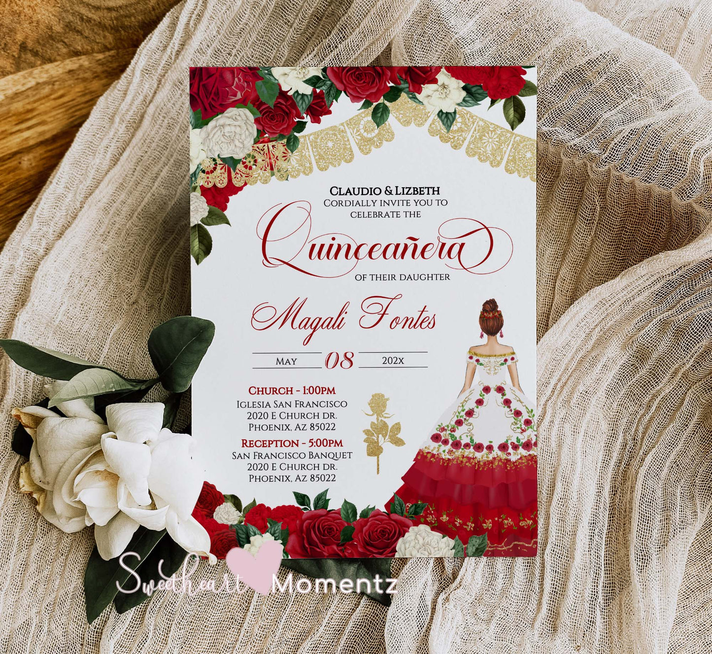 Red and Gold Charro Quinceanera Invitation Style: Magali