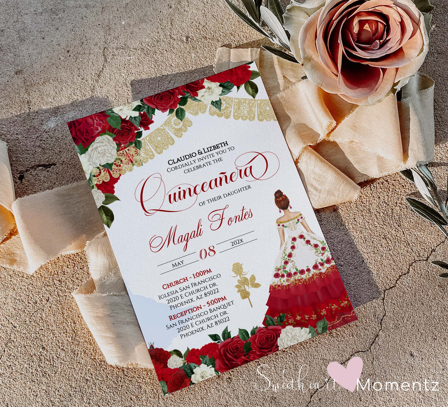 Red and Gold Charro Quinceanera Invitation Style: Magali