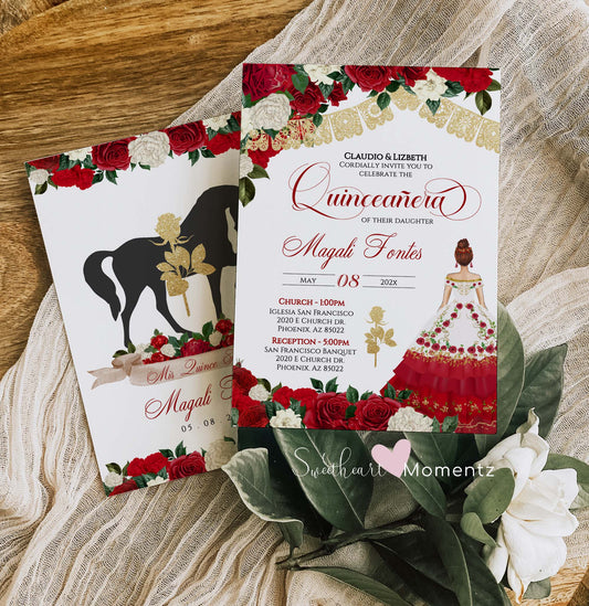 Red and Gold Charro Quinceanera Invitation Style: Magali