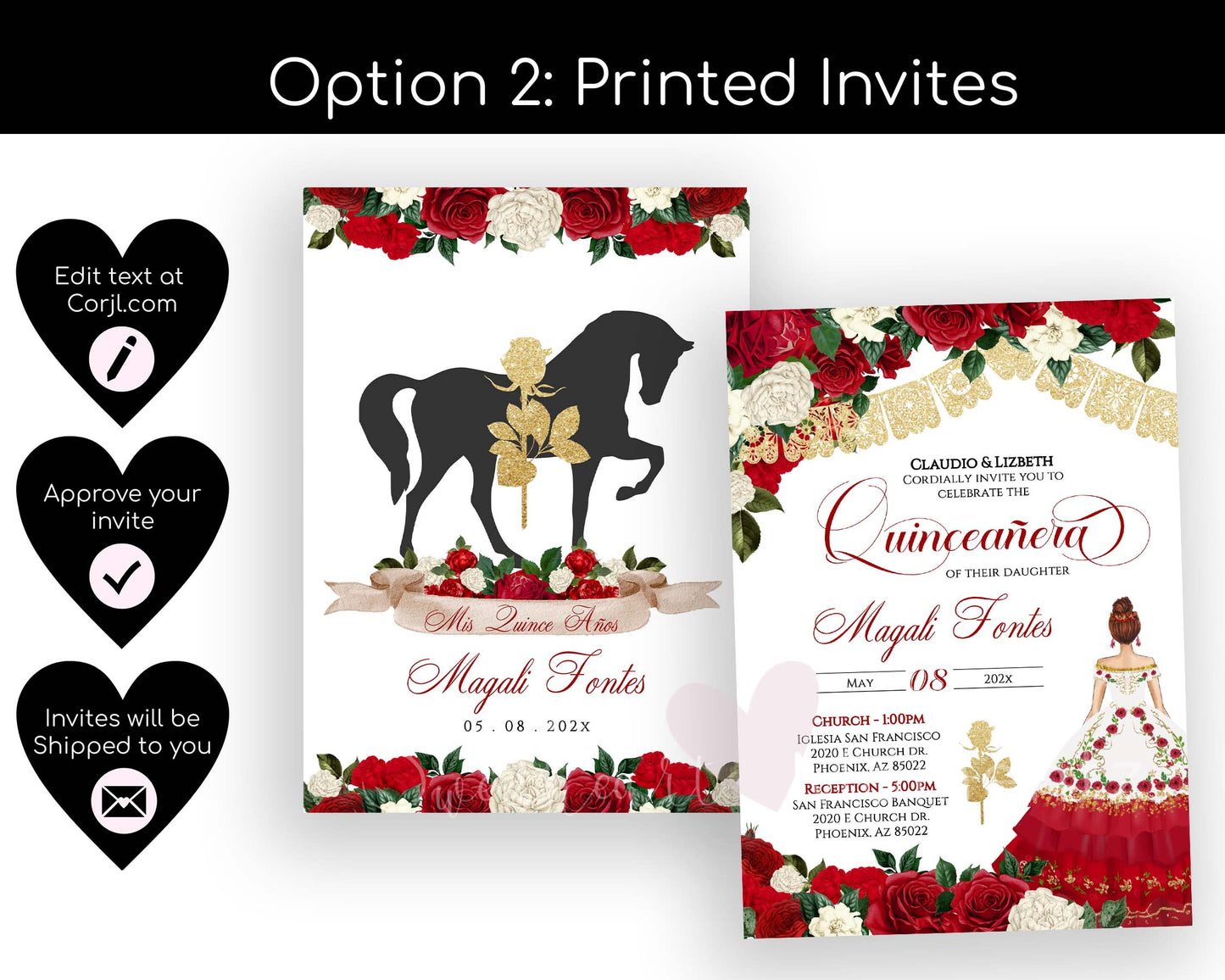 Red and Gold Charro Quinceanera Invitation Style: Magali