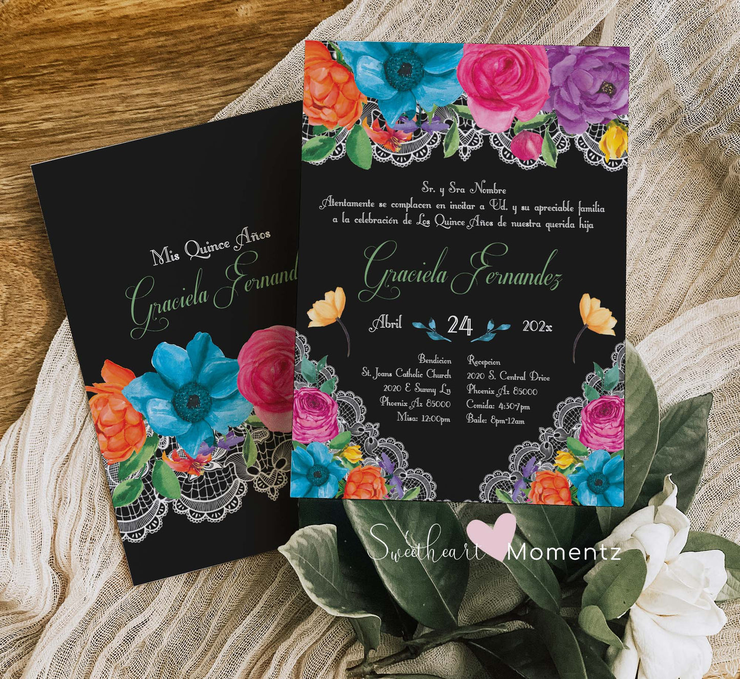 Black Fiesta Floral Quinceanera Invitation Style: Graciela