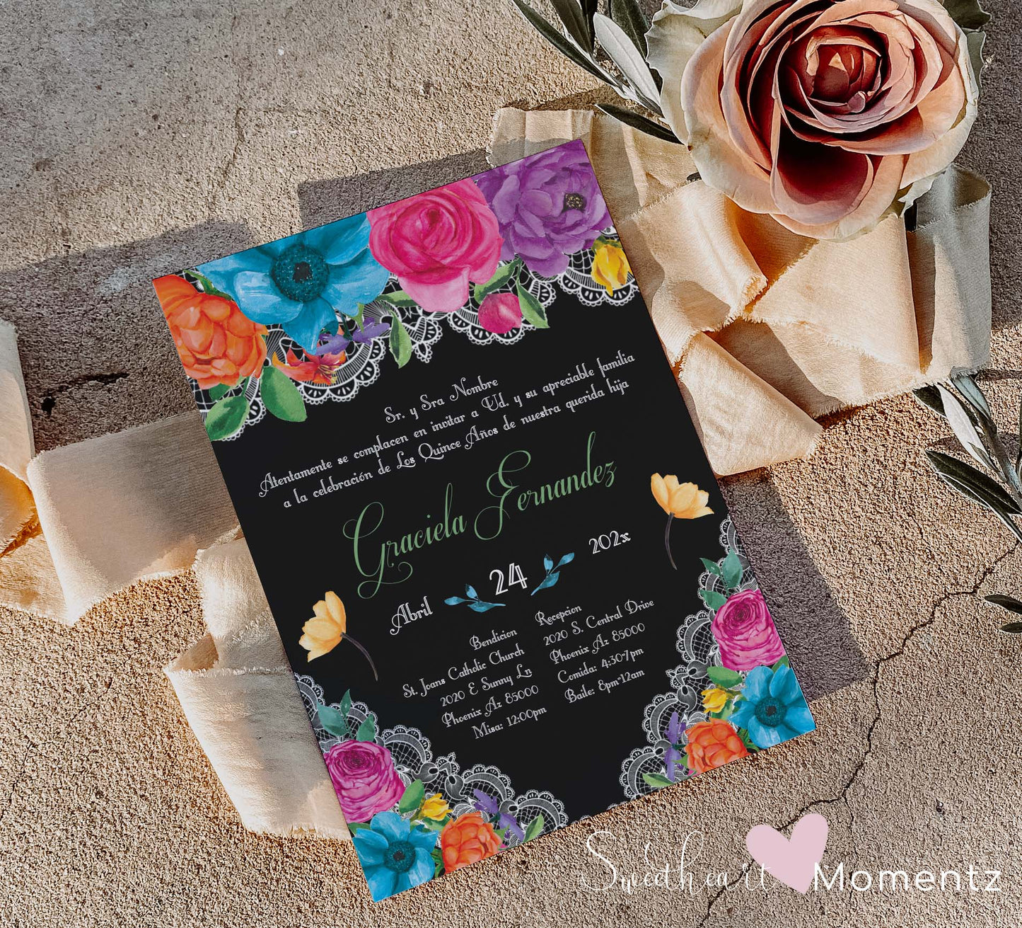 Black Fiesta Floral Quinceanera Invitation Style: Graciela