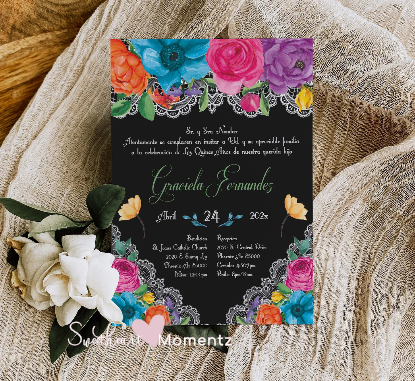 Black Fiesta Floral Quinceanera Invitation Style: Graciela