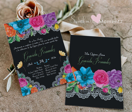 Black Fiesta Floral Quinceanera Invitation Style: Graciela