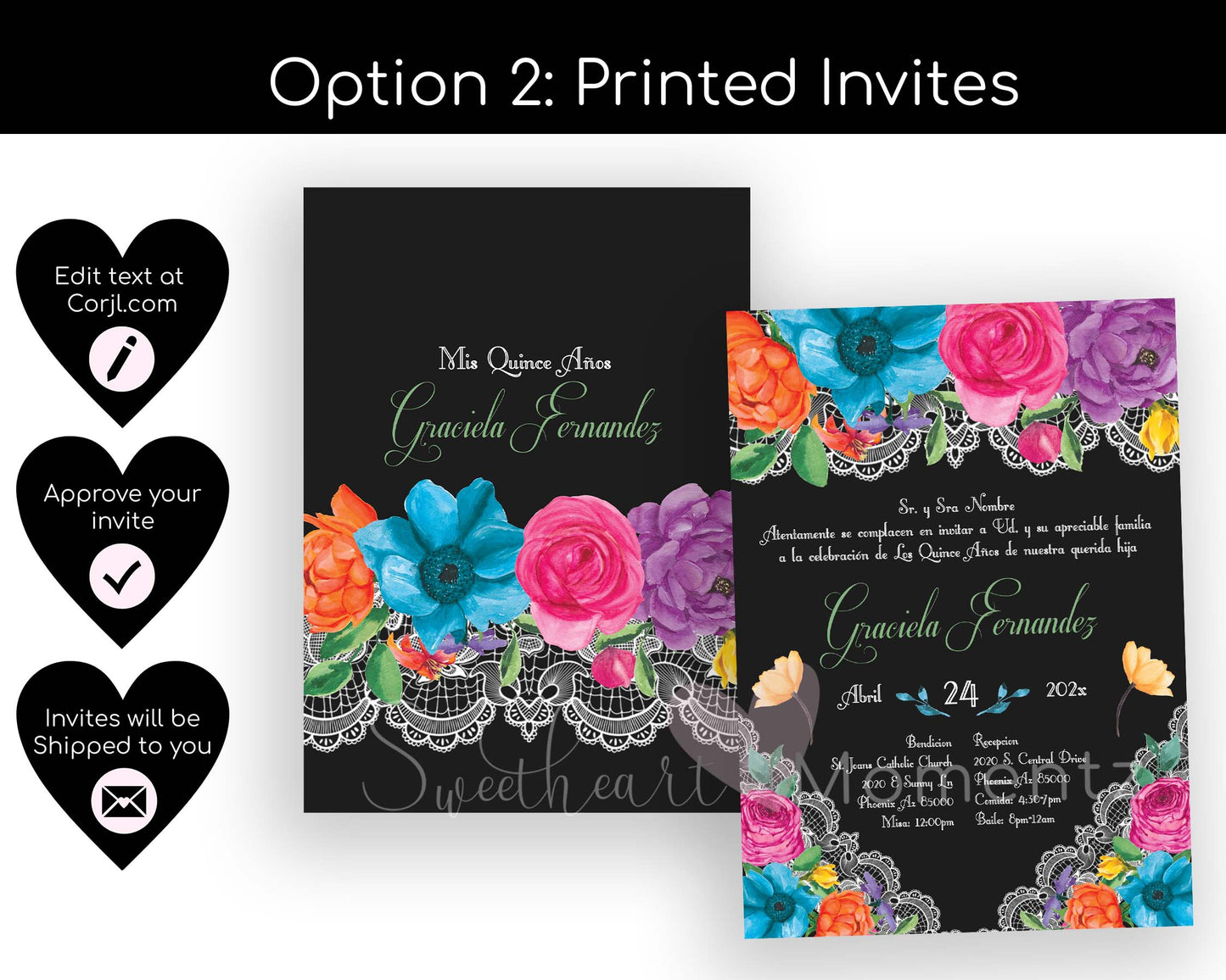 Black Fiesta Floral Quinceanera Invitation Style: Graciela