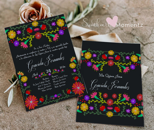 Black Mexican Fiesta Quinceanera Invitation