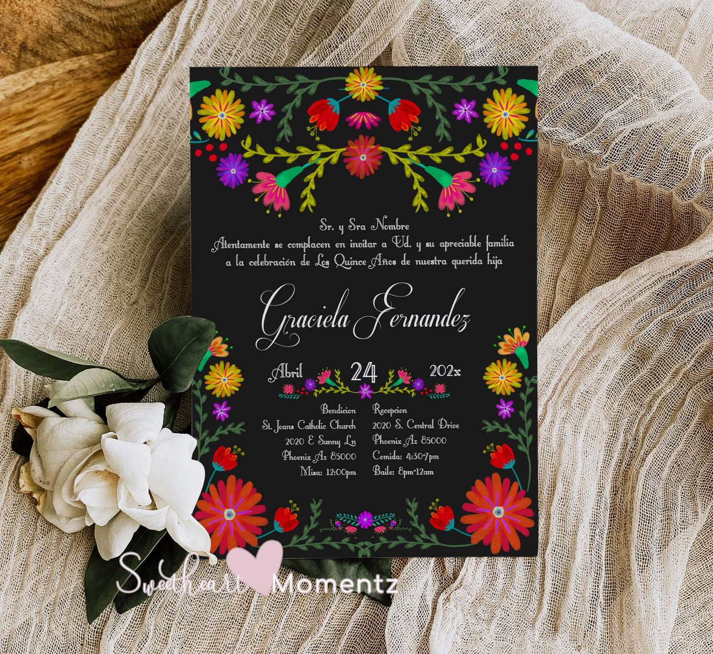 Black Mexican Fiesta Quinceanera Invitation