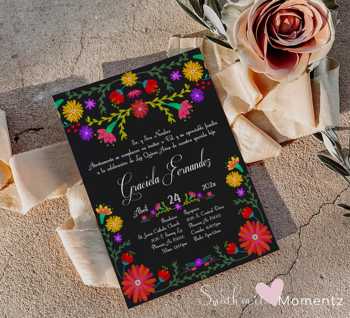 Black Mexican Fiesta Quinceanera Invitation