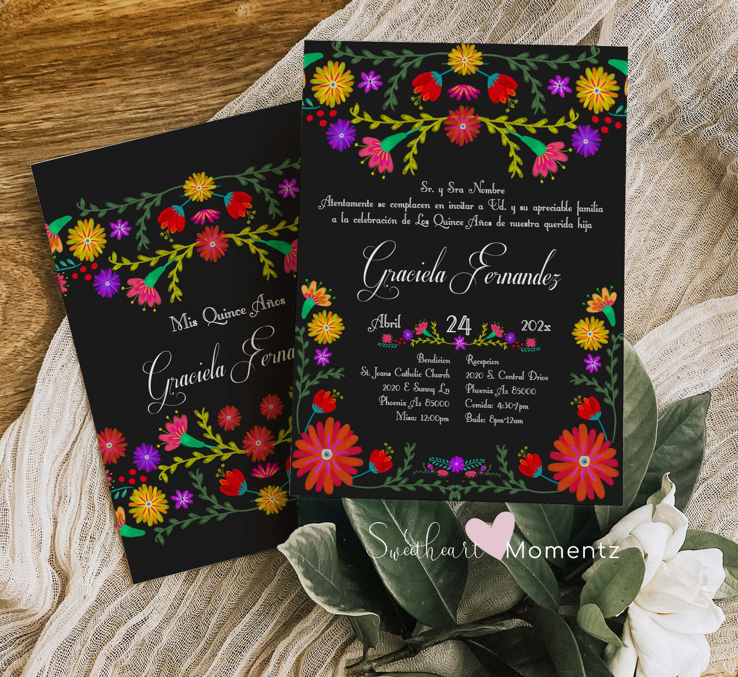 Black Mexican Fiesta Quinceanera Invitation