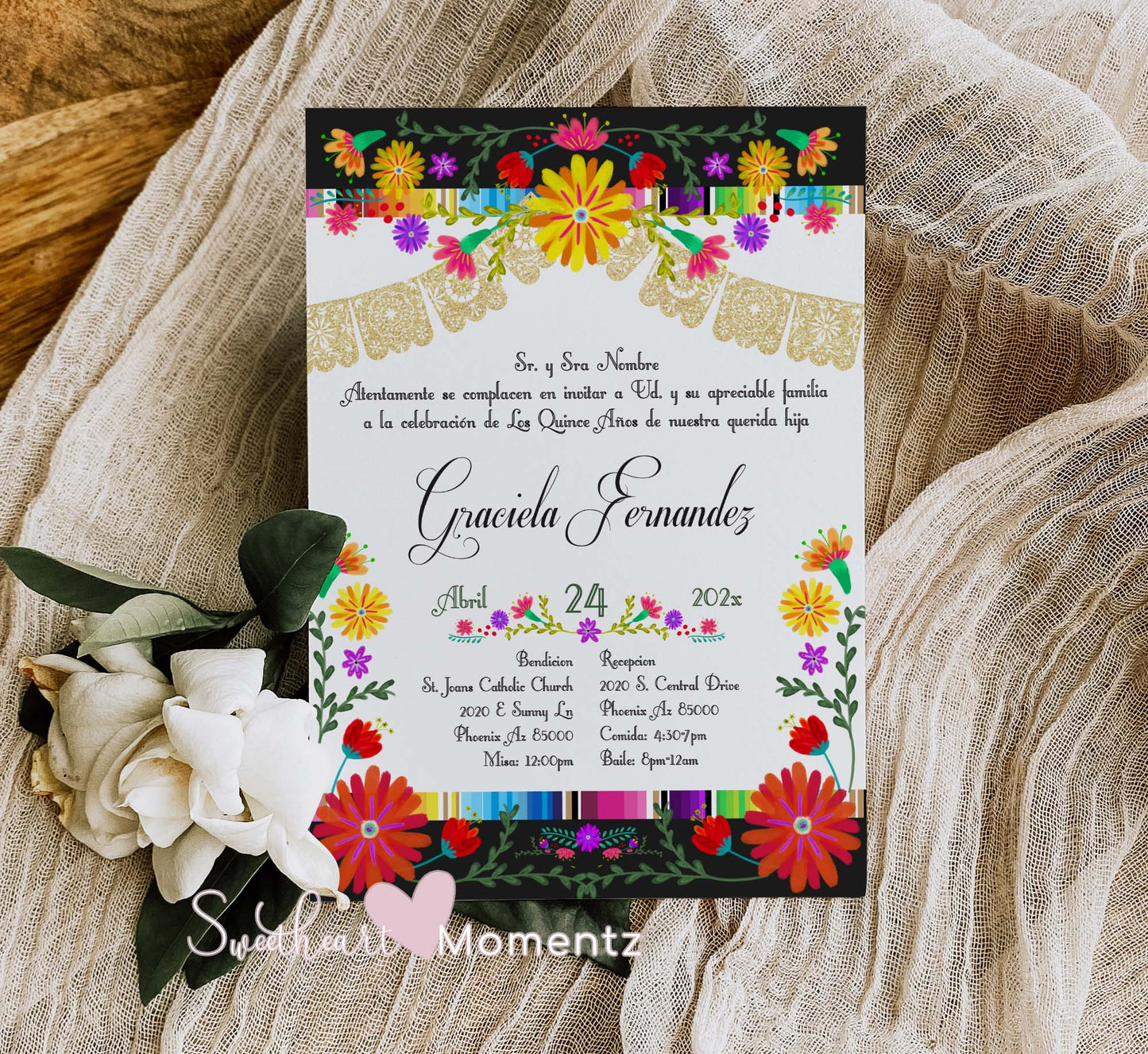 White Mexican Fiesta Quinceanera Invitation