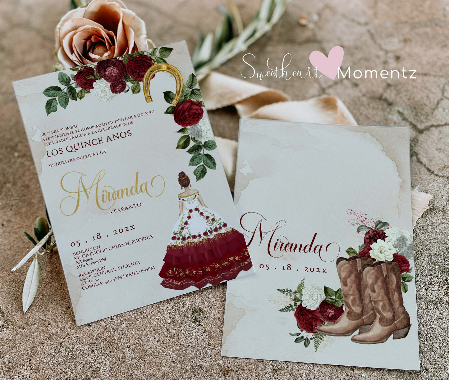 Burgundy and Gold Charro Quinceanera Invitation Style: Miranda