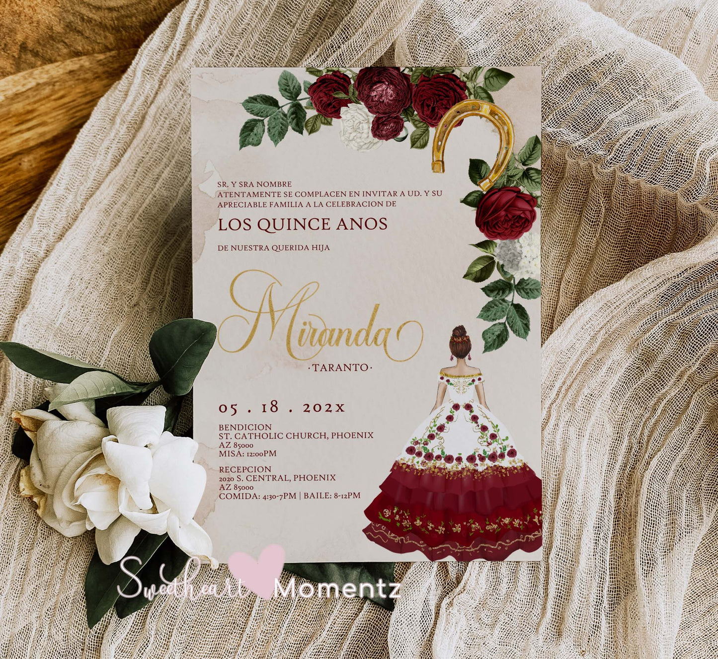 Burgundy and Gold Charro Quinceanera Invitation Style: Miranda