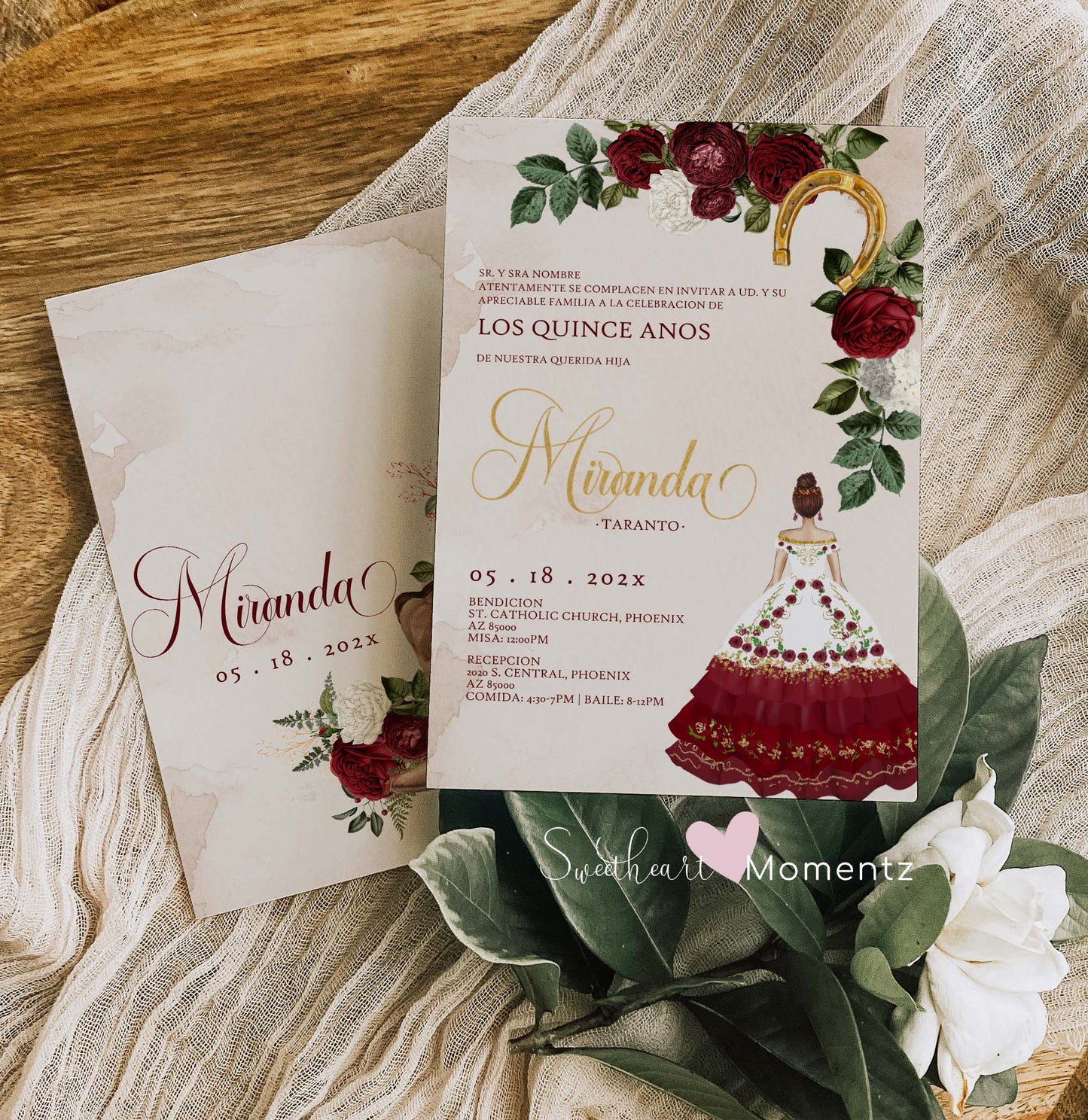 Burgundy and Gold Charro Quinceanera Invitation Style: Miranda