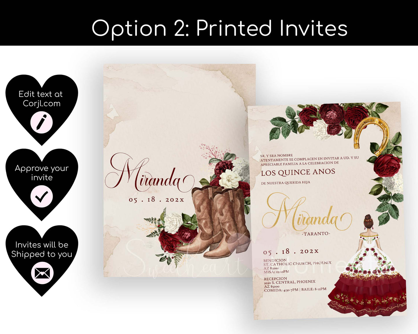 Burgundy and Gold Charro Quinceanera Invitation Style: Miranda