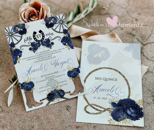 Navy Blue Charro Quinceanera Invitation Style: Araceli