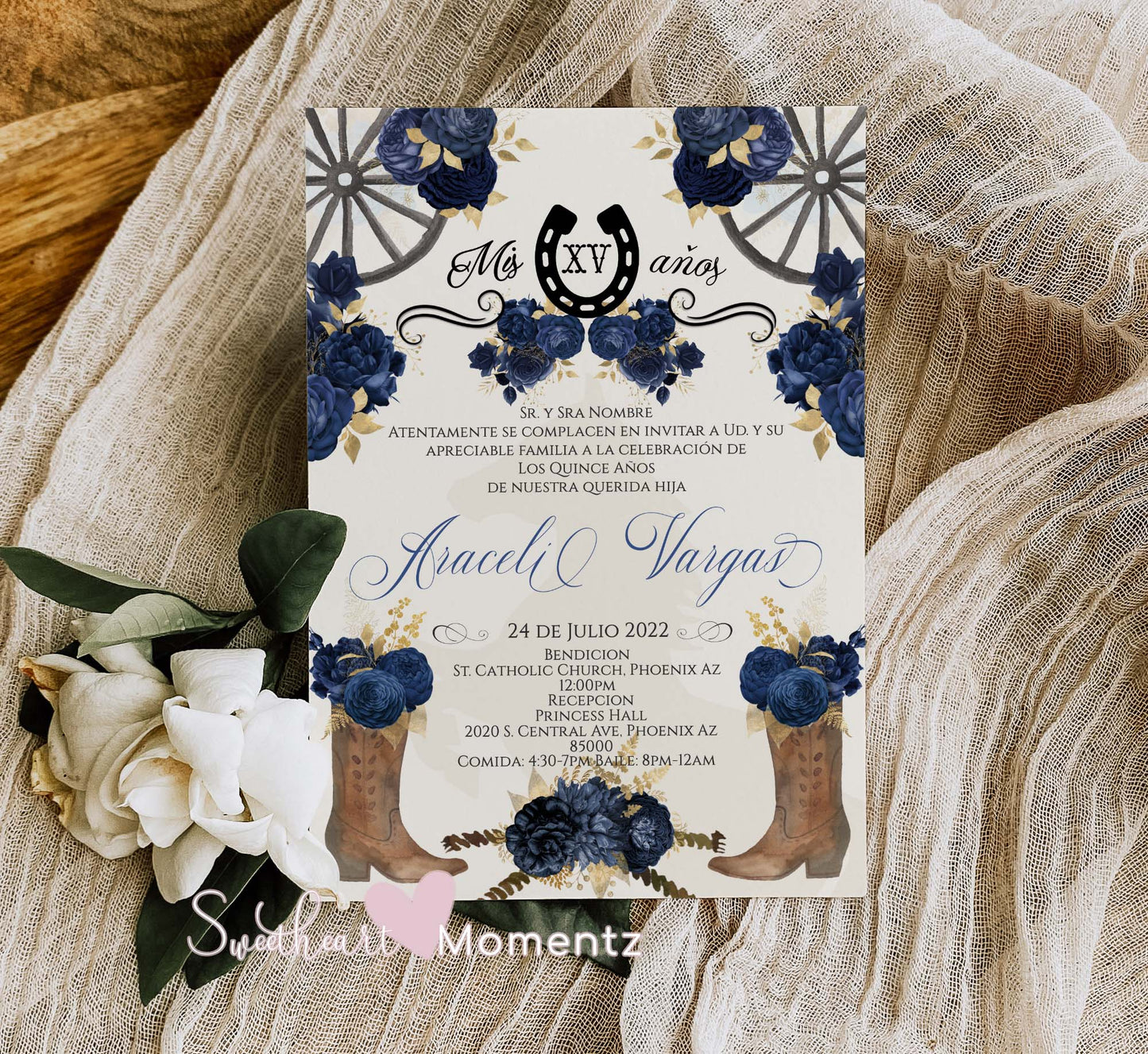 Navy Blue Charro Quinceanera Invitation Style: Araceli