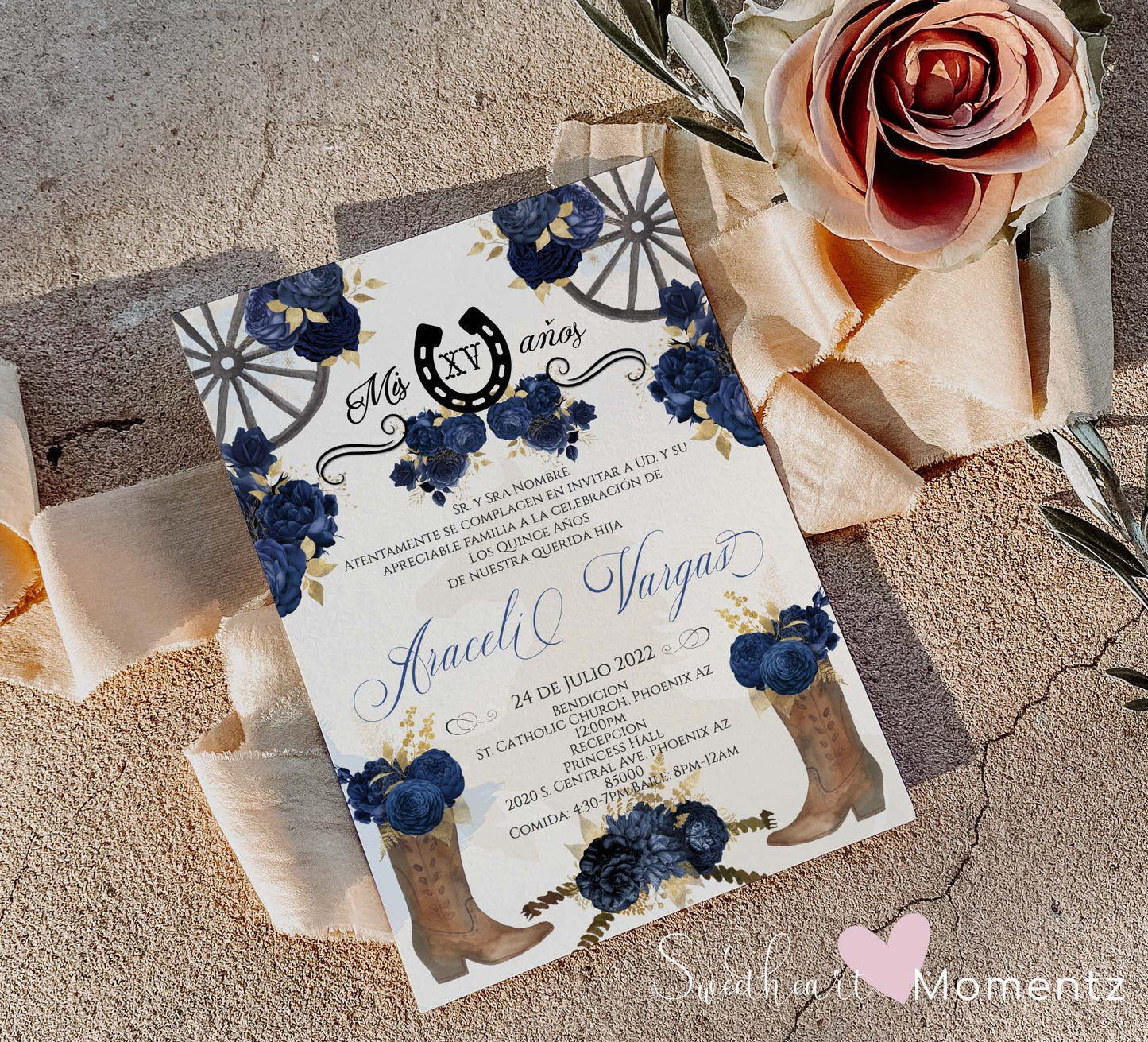 Navy Blue Charro Quinceanera Invitation Style: Araceli