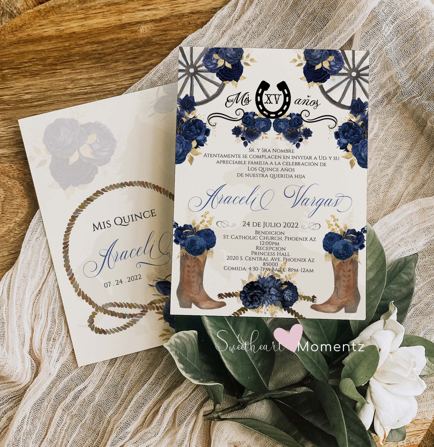 Navy Blue Charro Quinceanera Invitation Style: Araceli