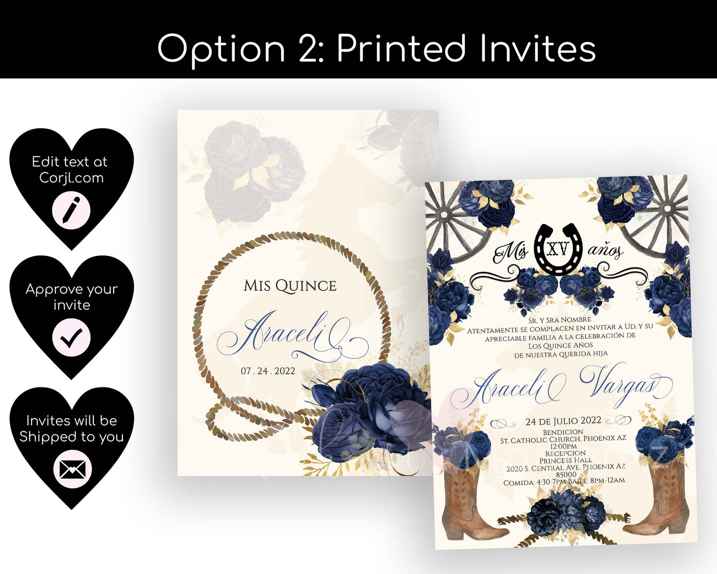 Navy Blue Charro Quinceanera Invitation Style: Araceli