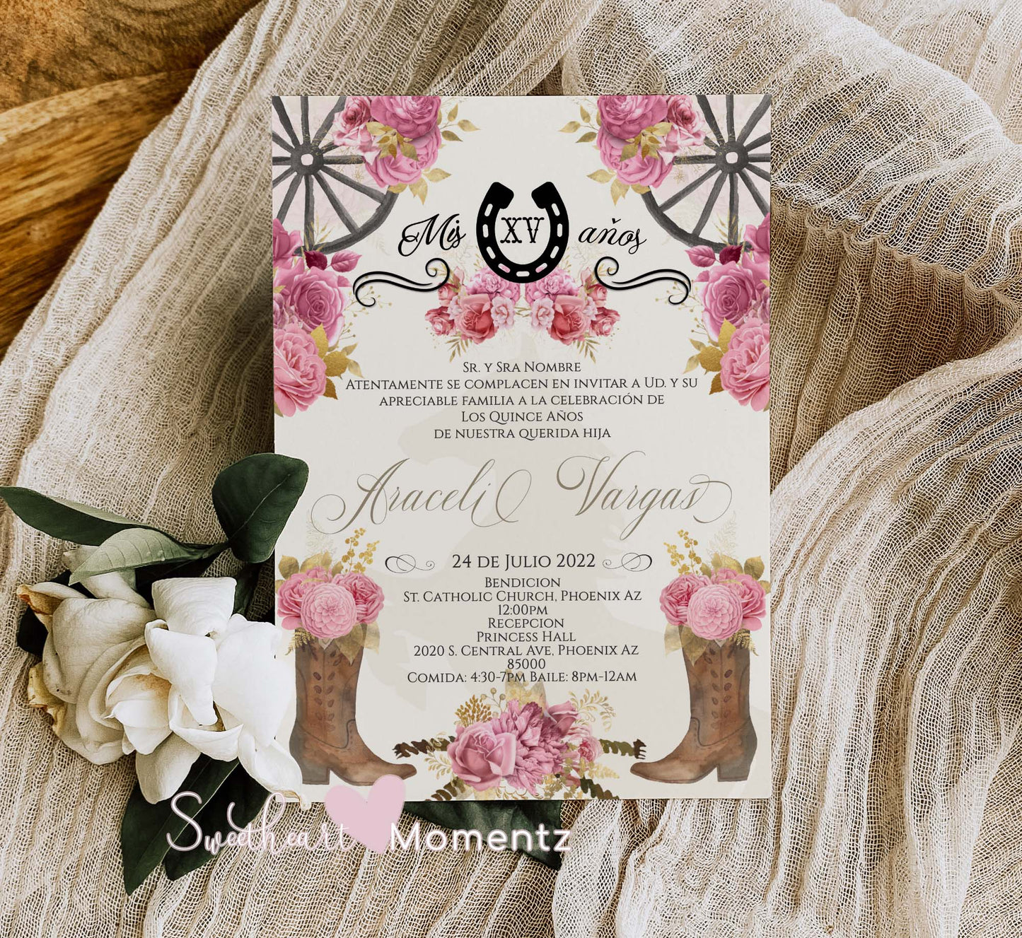 Light Pink Charro Quinceanera Invitation Style: Araceli