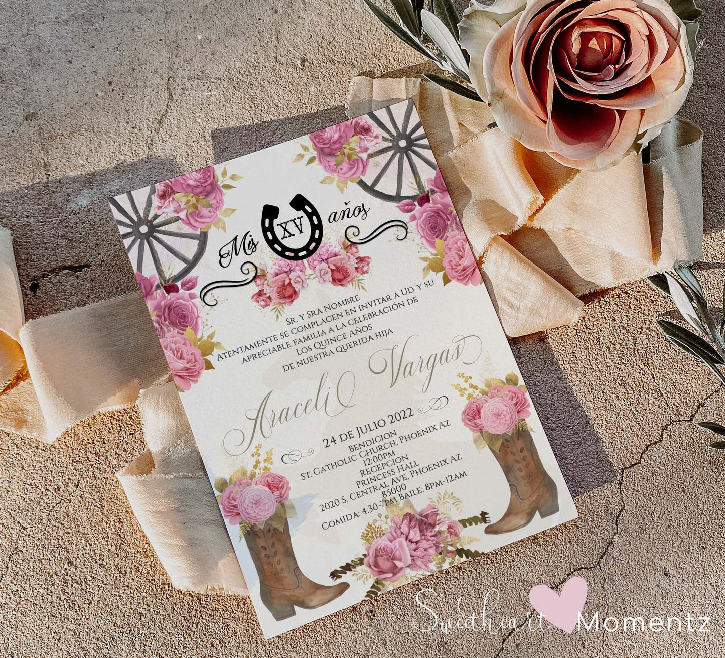 Light Pink Charro Quinceanera Invitation Style: Araceli