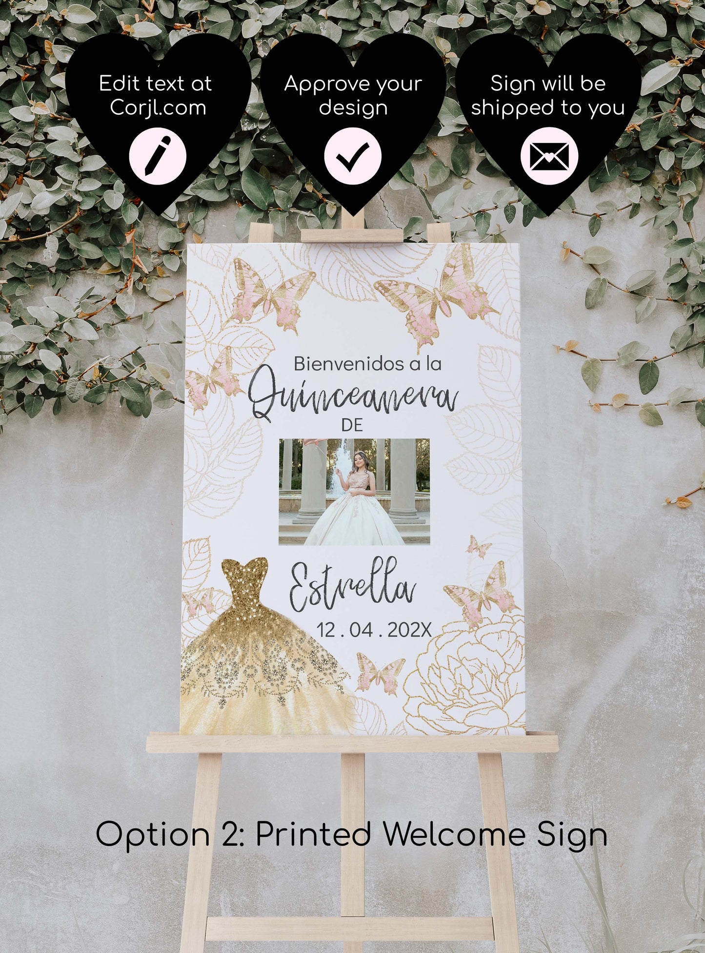 Pink and Gold Butterfly Welcome Sign Style: Estrella