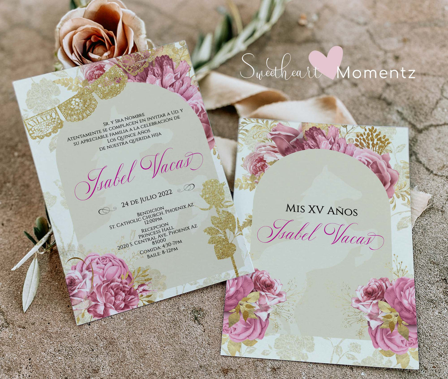 Pink and Nude with Gold Charro Quinceanera Invitation Style: Isabel w/banner