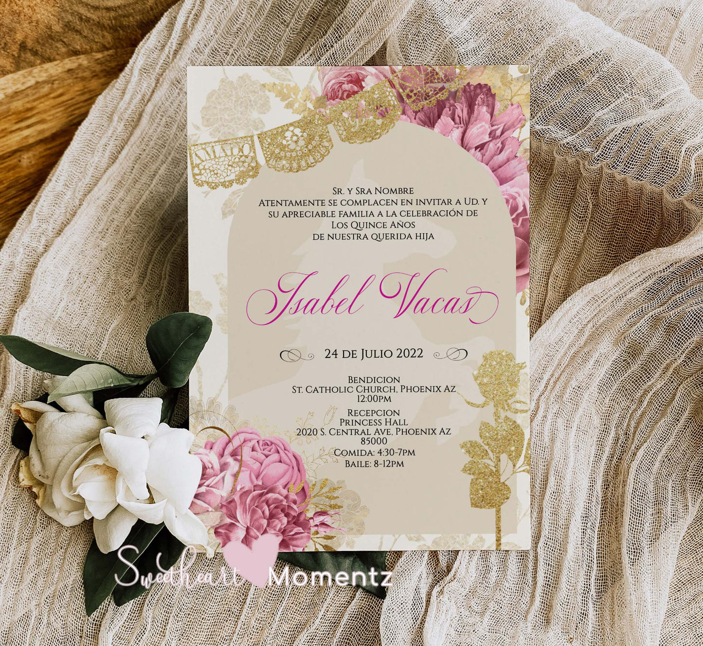 Pink and Nude with Gold Charro Quinceanera Invitation Style: Isabel w/banner