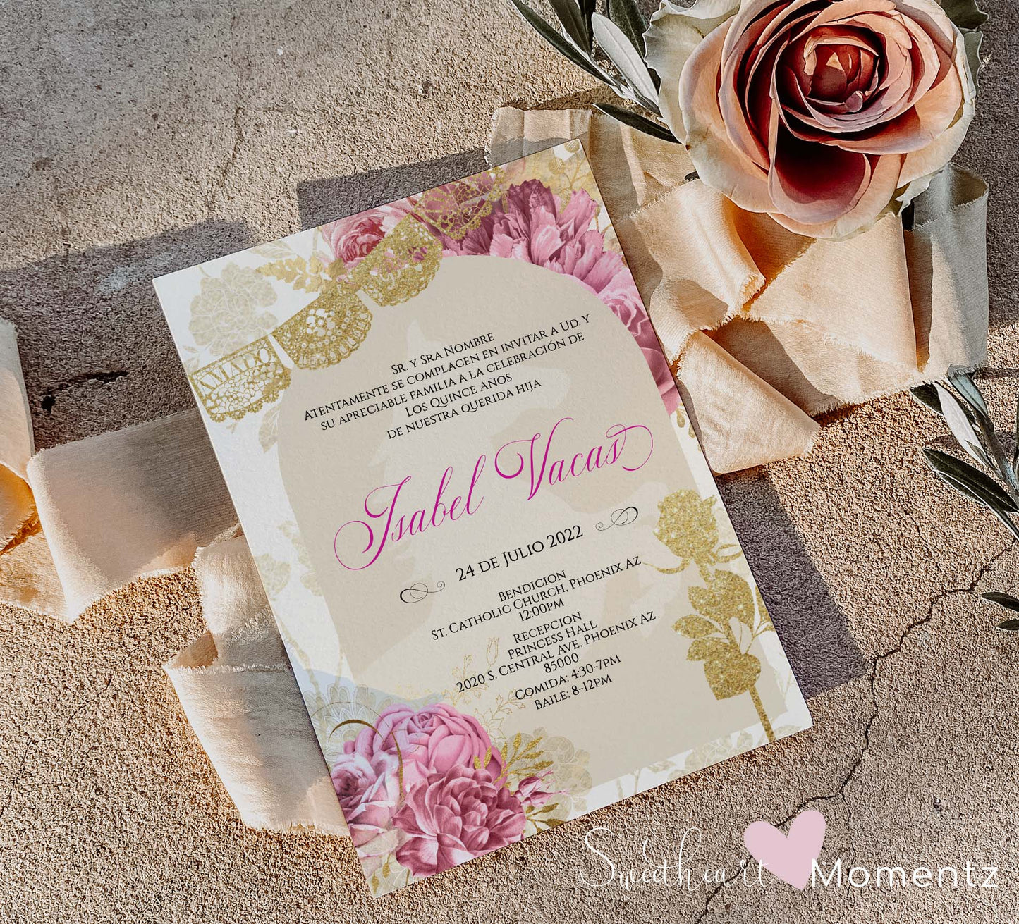 Pink and Nude with Gold Charro Quinceanera Invitation Style: Isabel w/banner