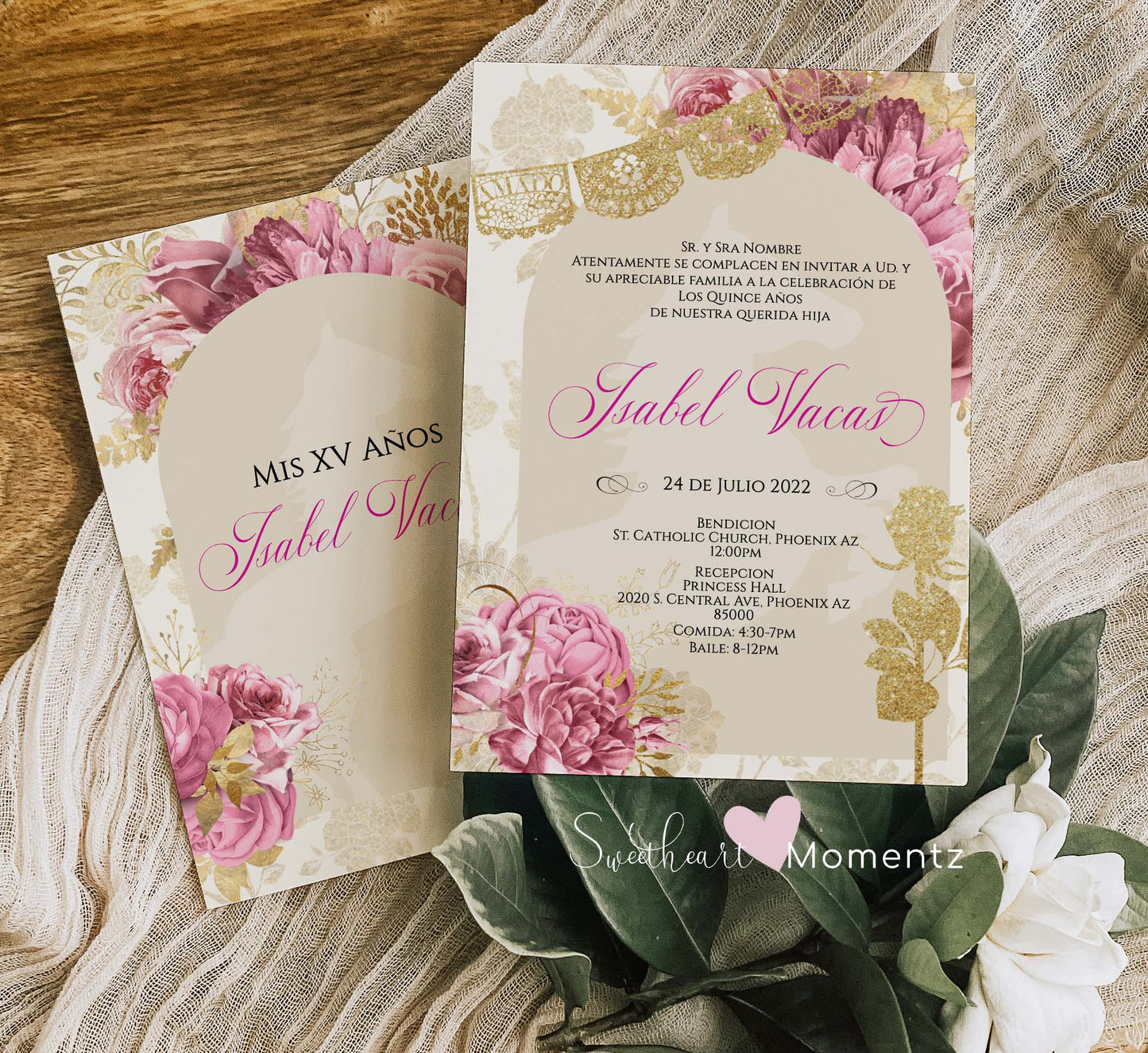 Pink and Nude with Gold Charro Quinceanera Invitation Style: Isabel w/banner