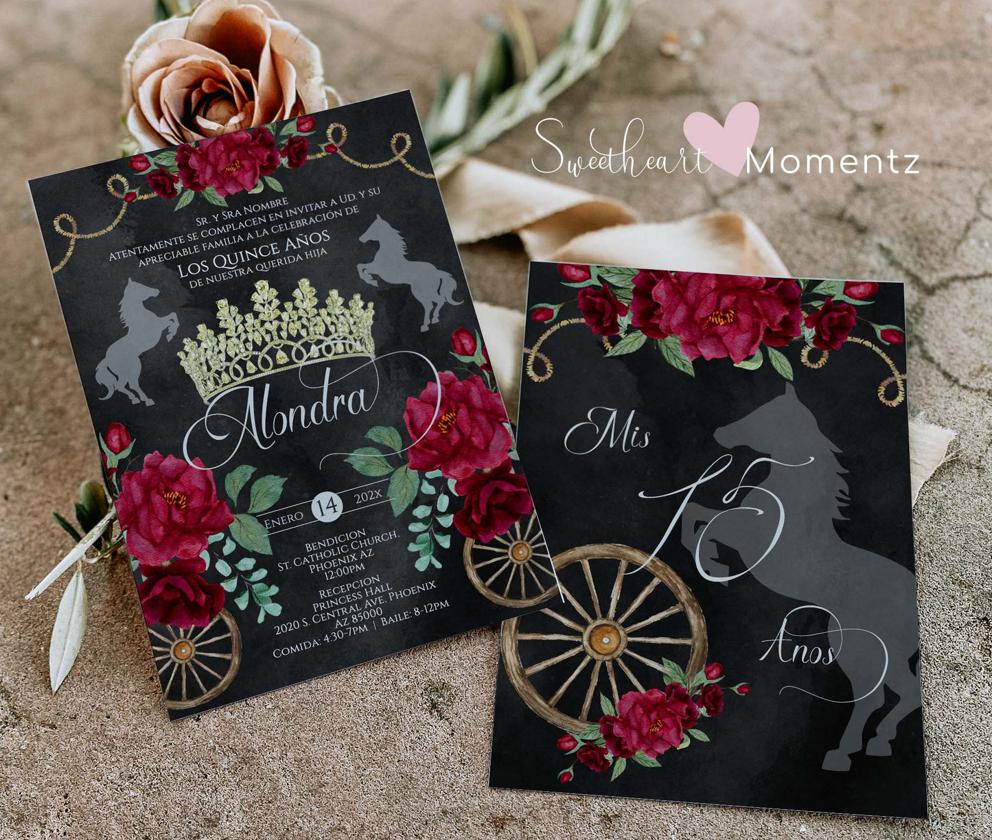 Red and Black Charro Quinceanera Invitation Style: Alondra