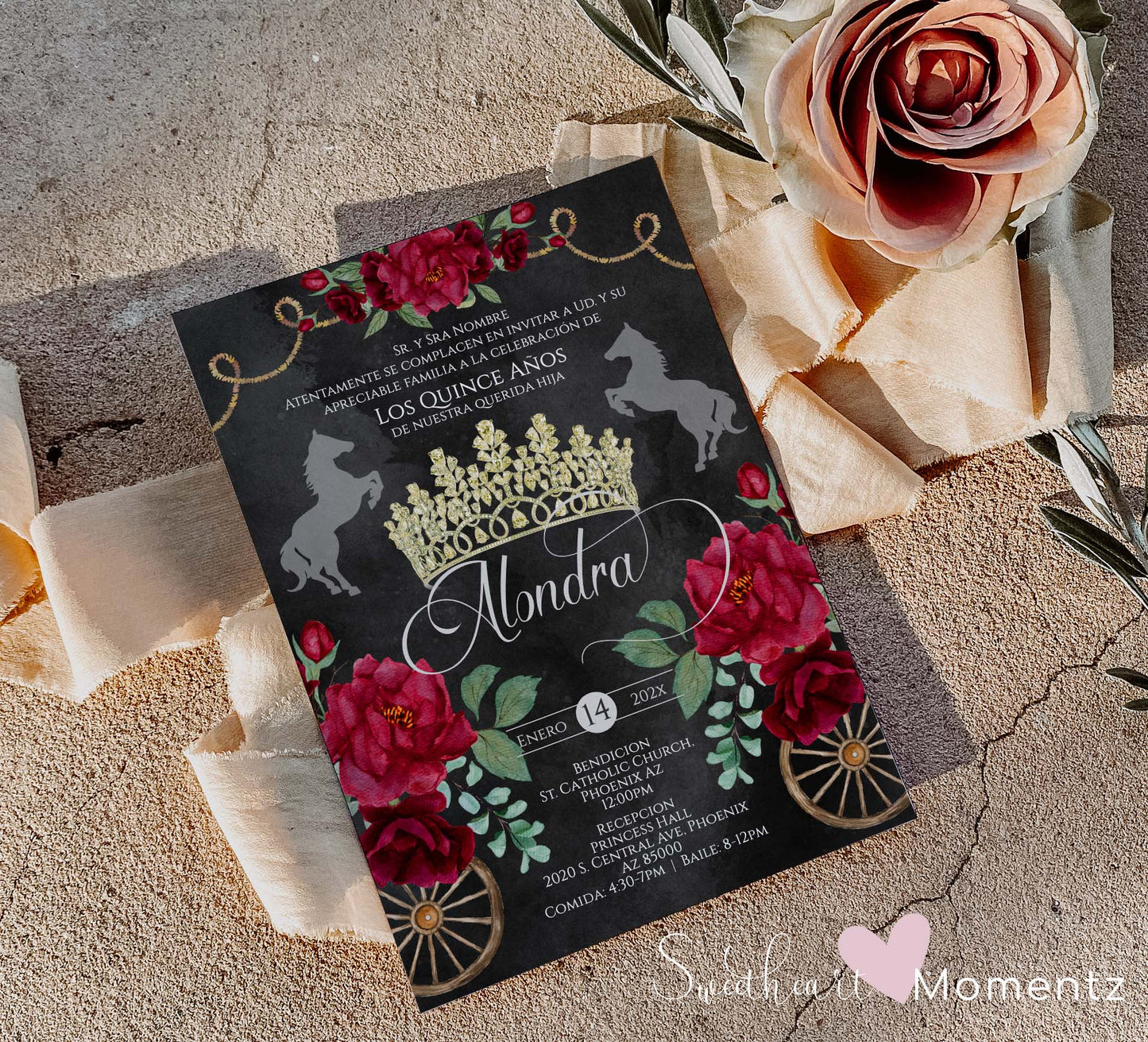 Red and Black Charro Quinceanera Invitation Style: Alondra