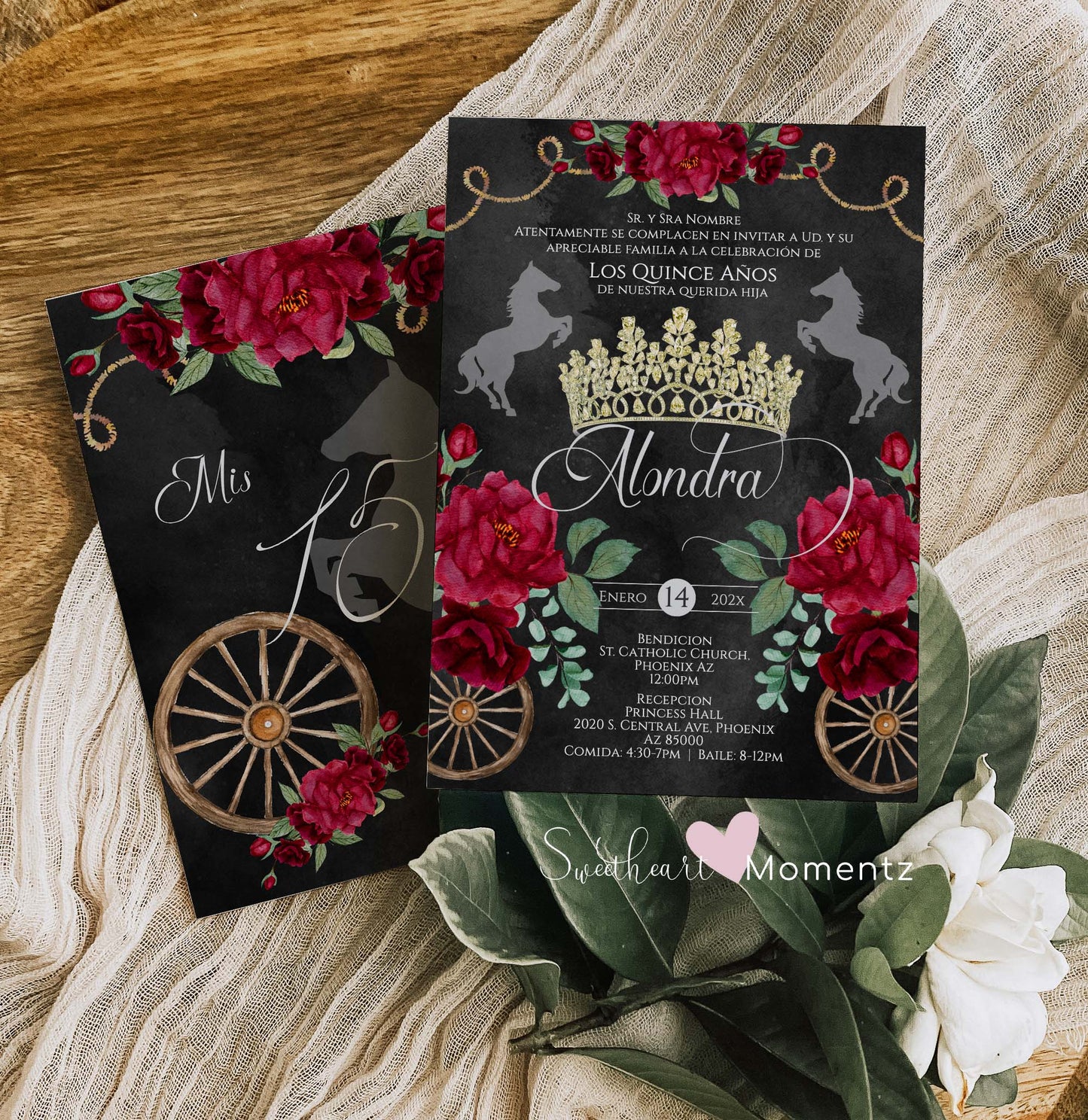 Red and Black Charro Quinceanera Invitation Style: Alondra