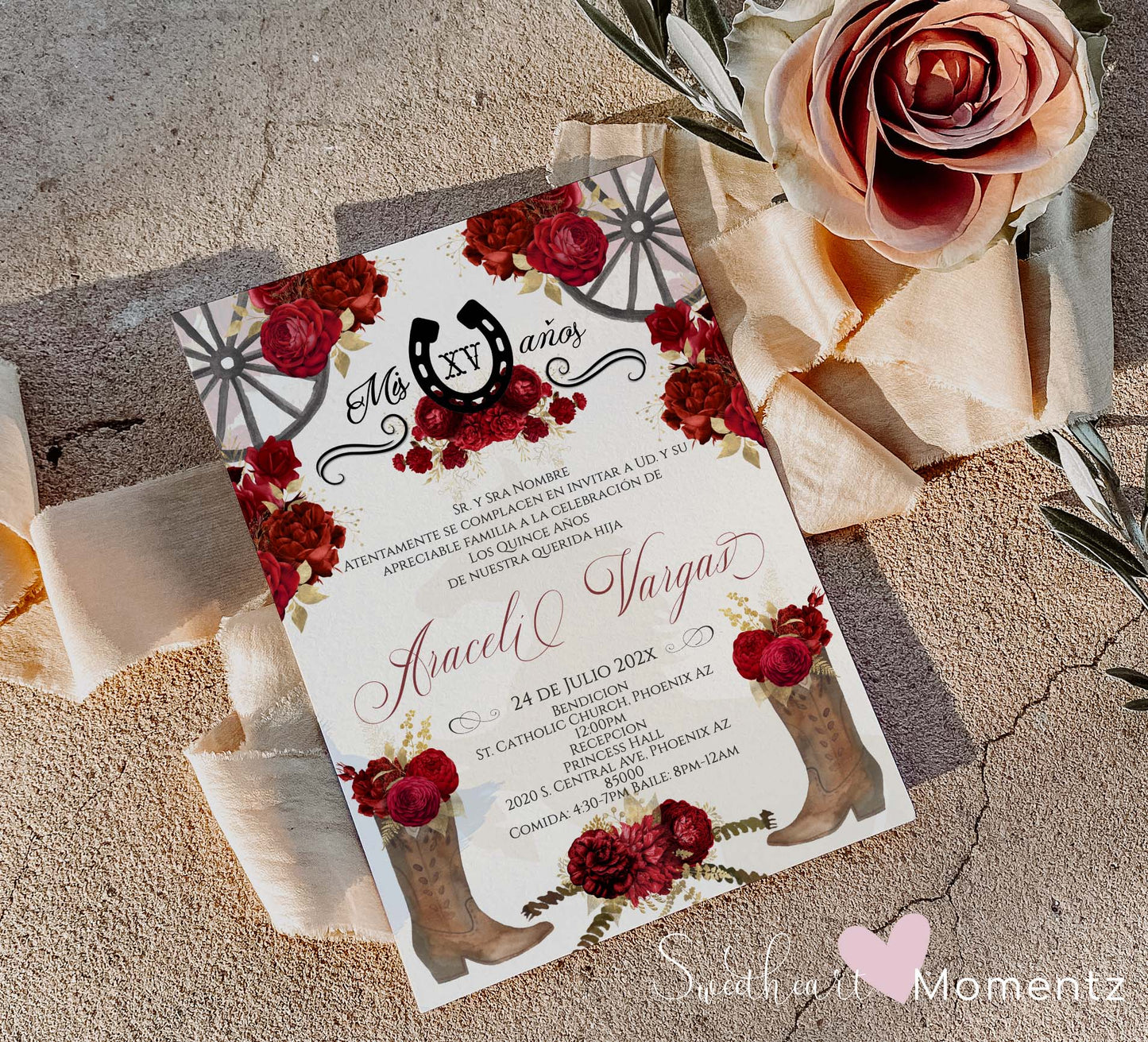 Red Charro Quinceanera Invitation Style: Araceli