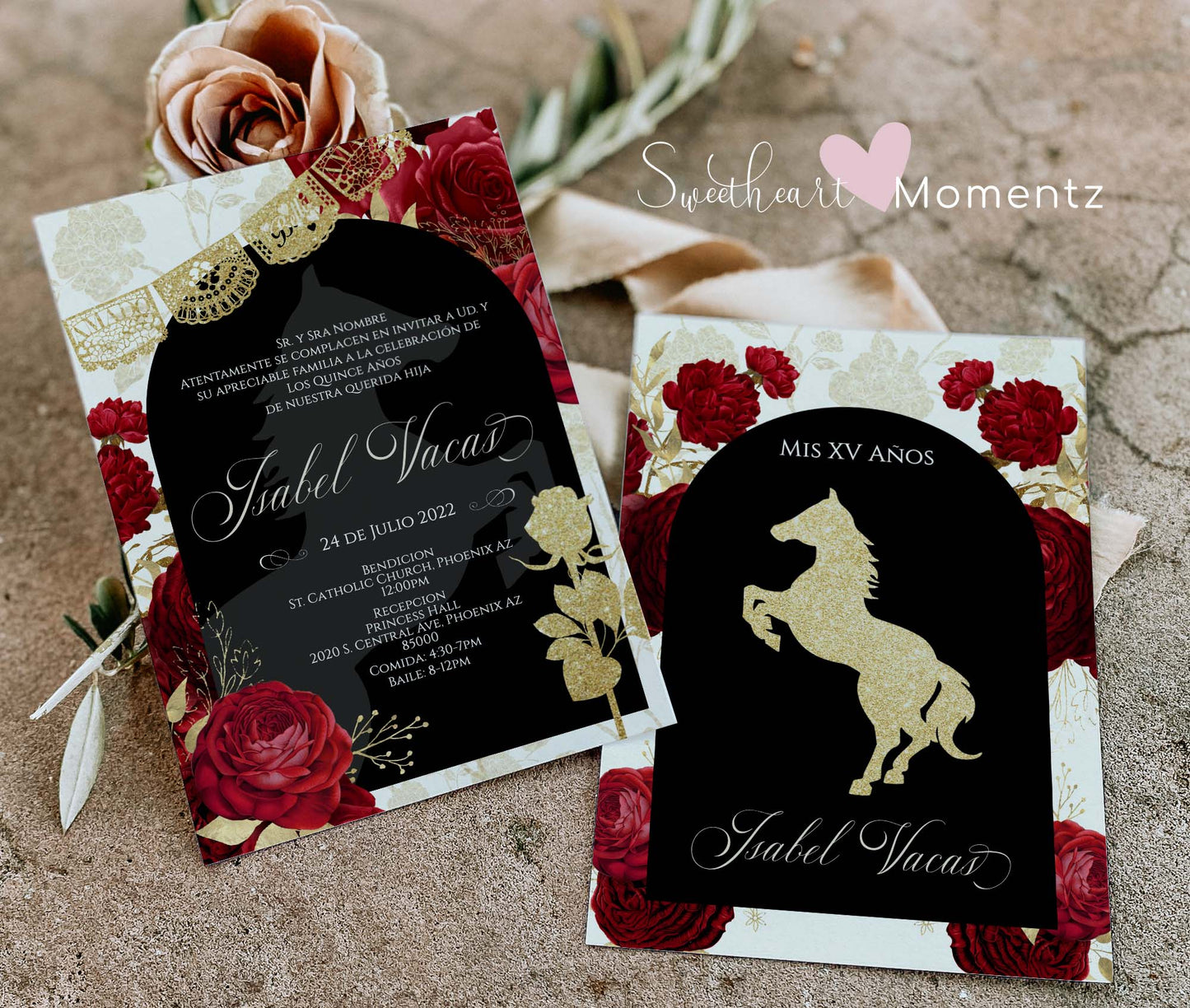 Red and Nude with Gold Charro Quinceanera Invitation Style: Isabel w/banner