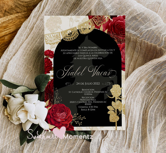 Red and Nude with Gold Charro Quinceanera Invitation Style: Isabel w/banner