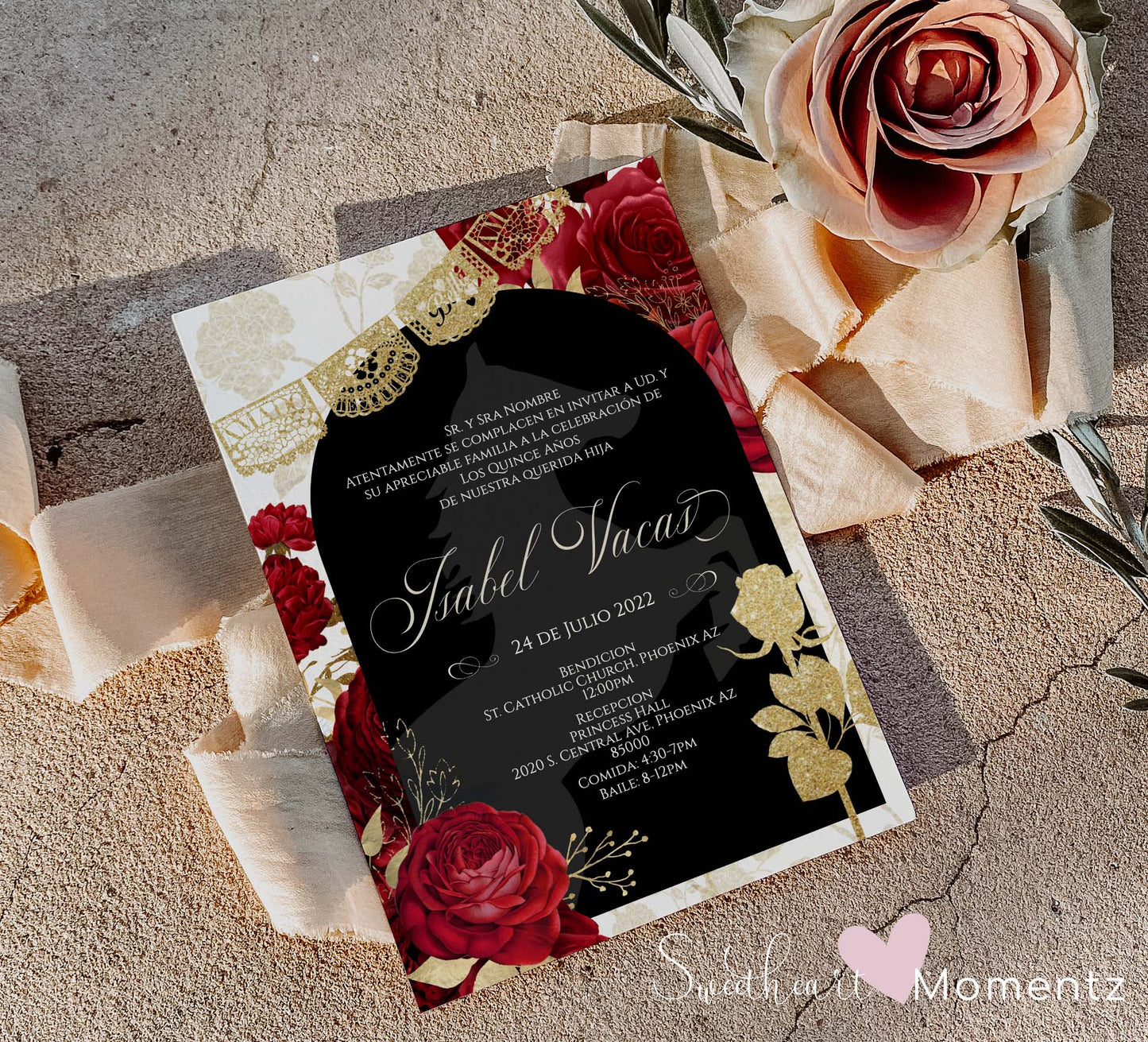 Red and Nude with Gold Charro Quinceanera Invitation Style: Isabel w/banner