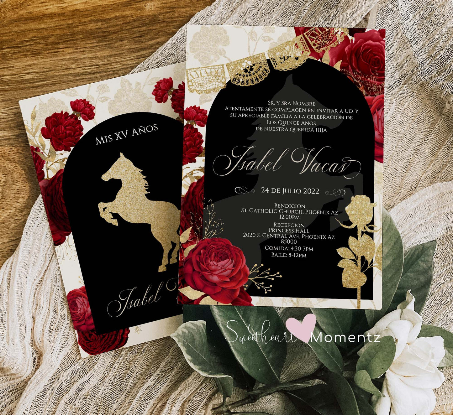 Red and Nude with Gold Charro Quinceanera Invitation Style: Isabel w/banner