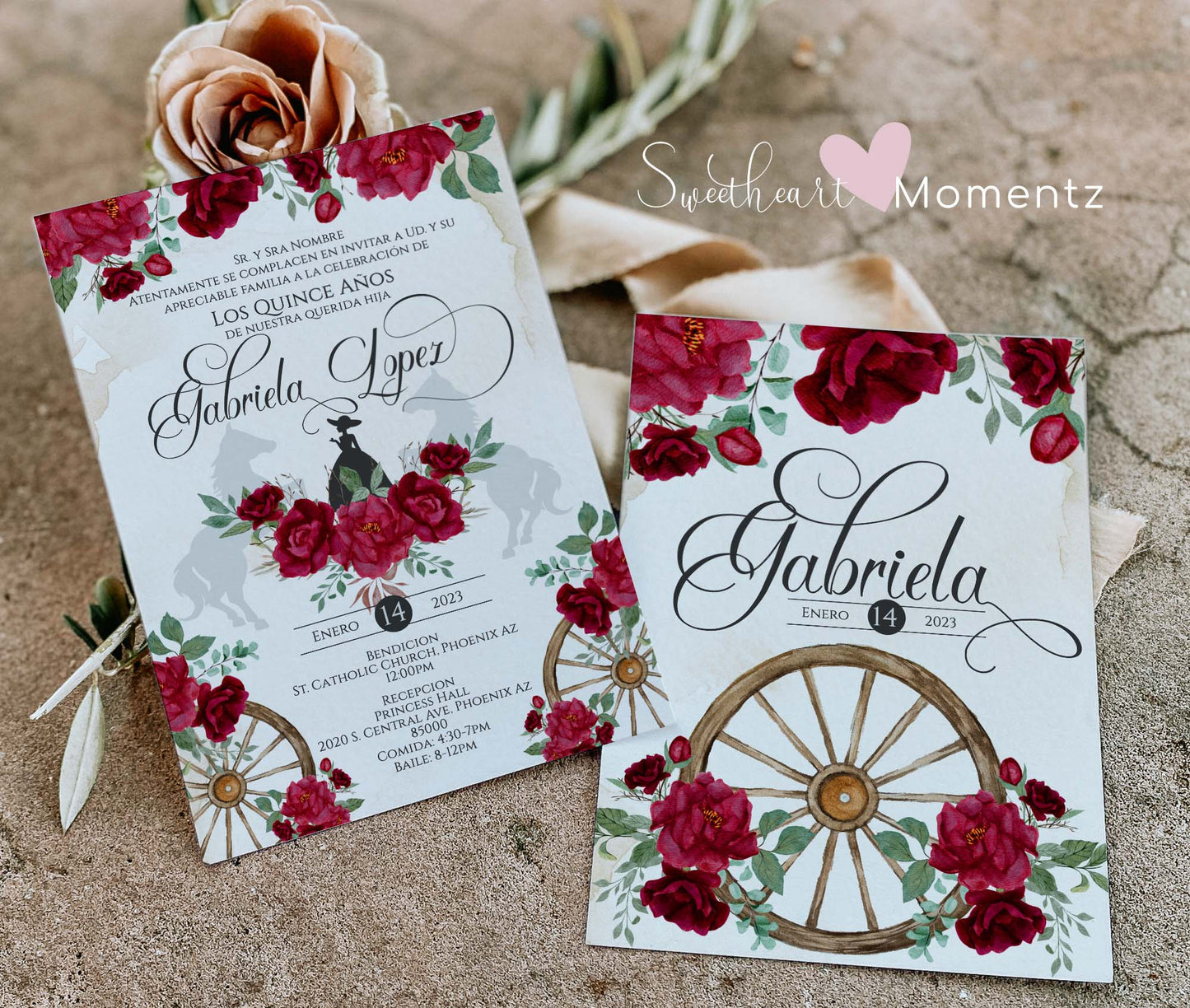 Red Charro Quinceanera Invitation Style: Gabriela