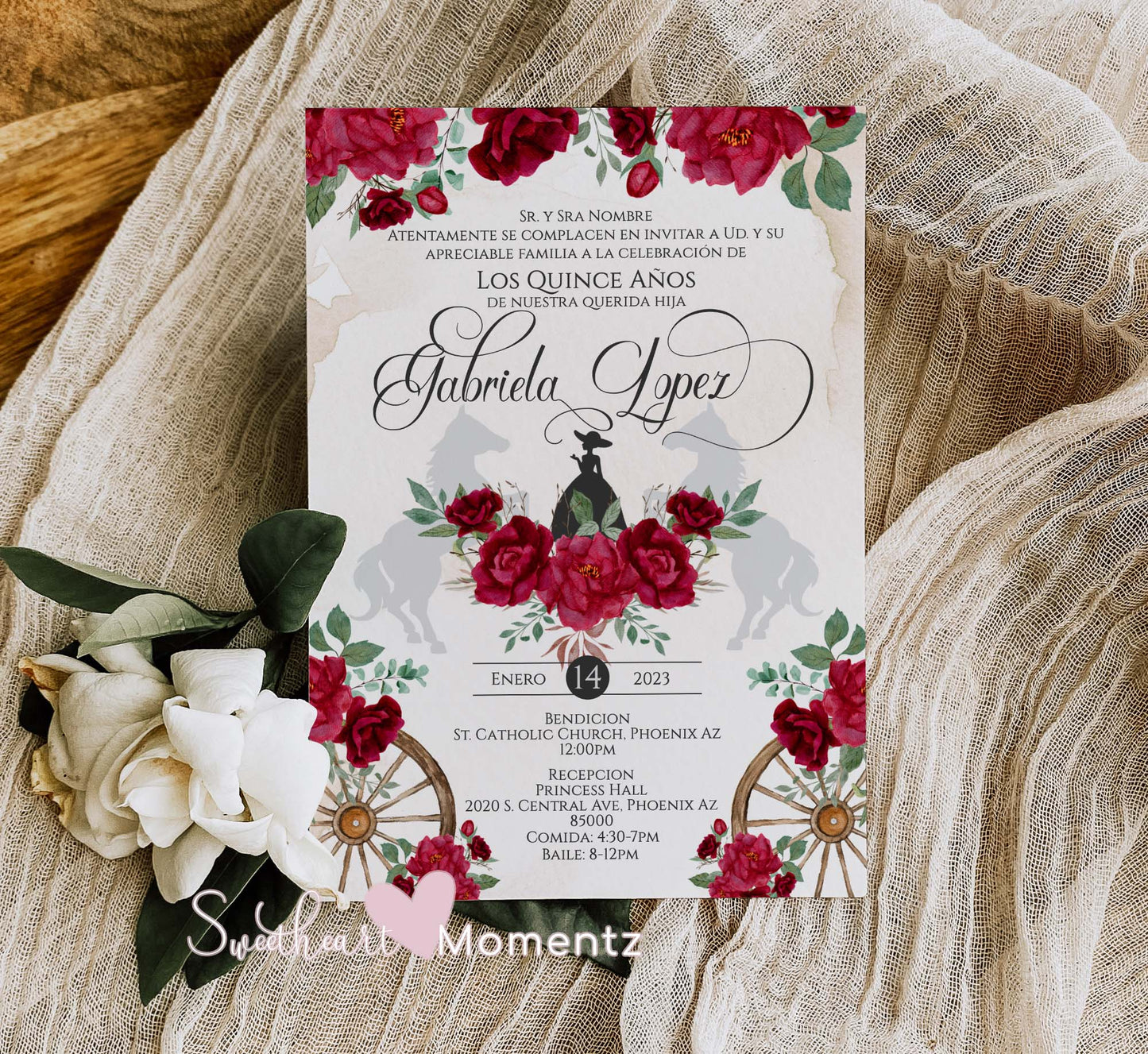 Red Charro Quinceanera Invitation Style: Gabriela