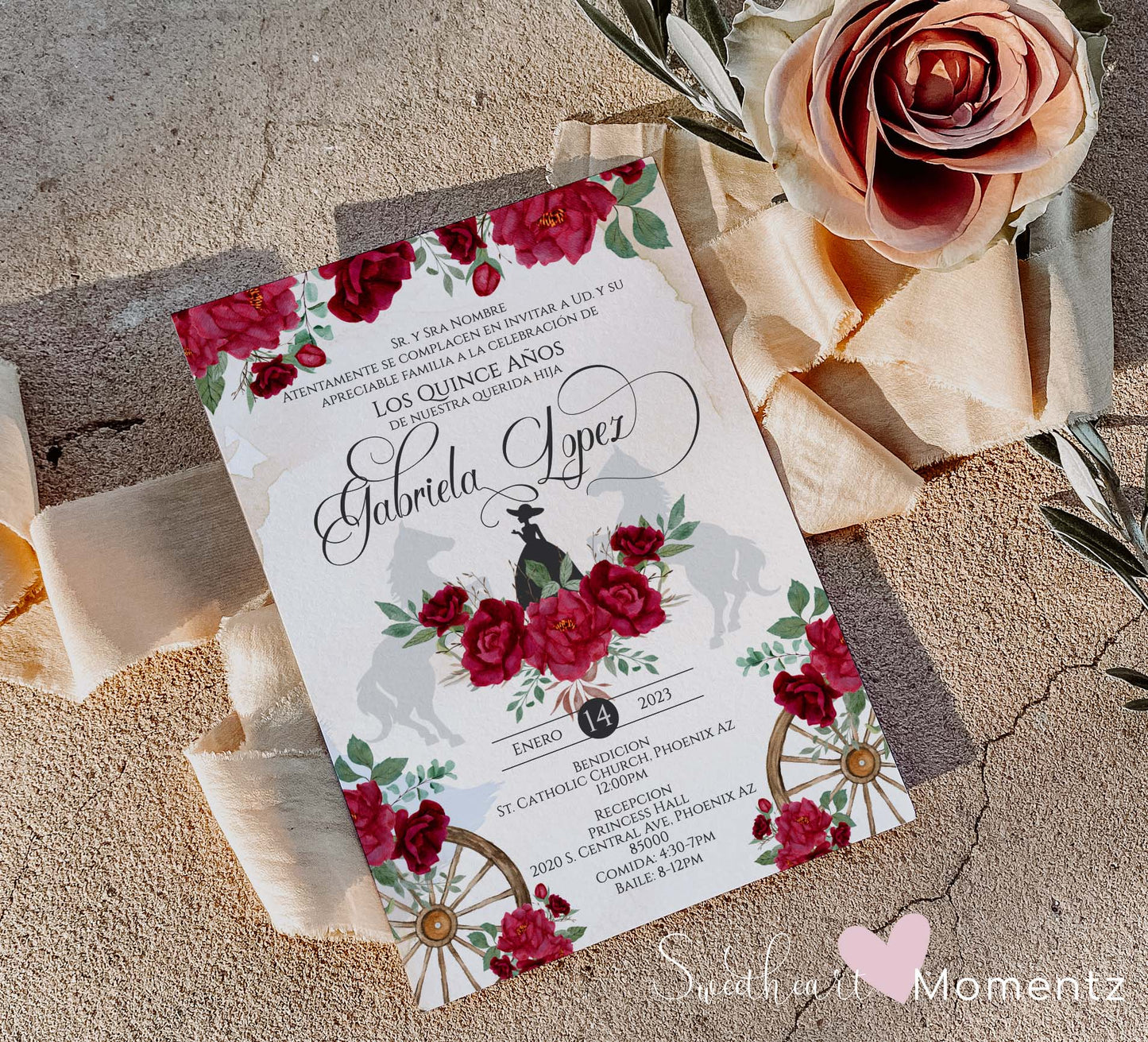 Red Charro Quinceanera Invitation Style: Gabriela