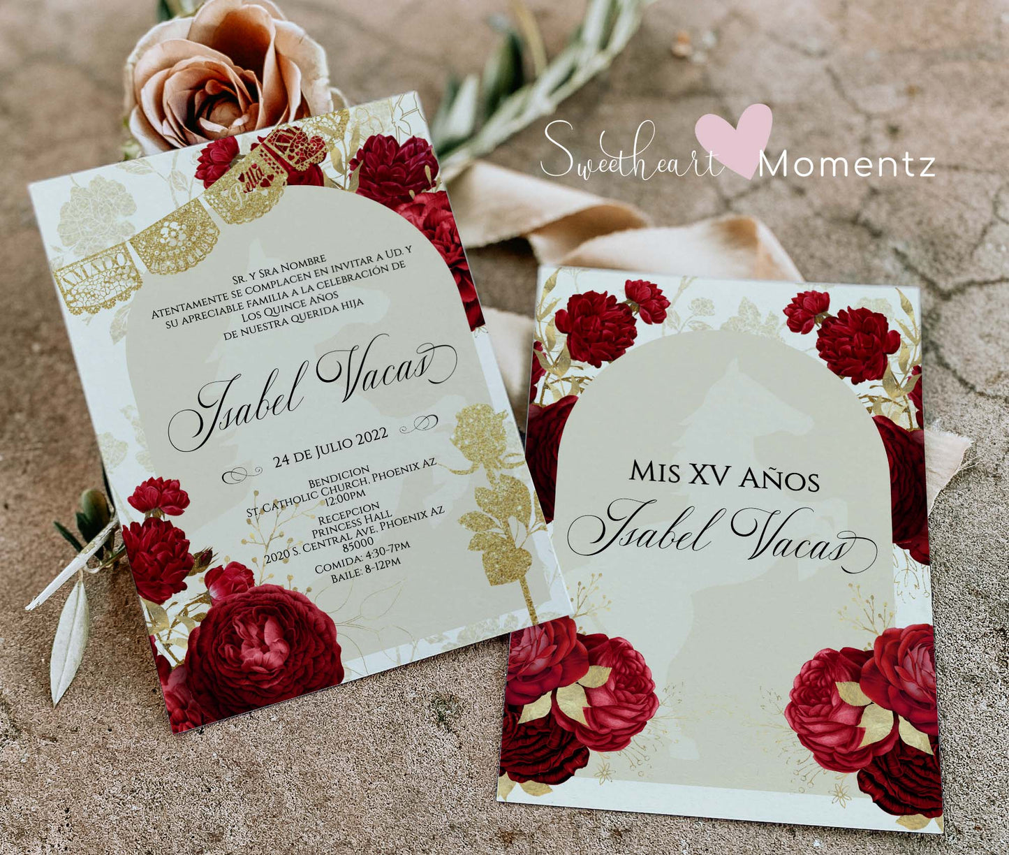 Red and Nude with Gold Charro Quinceanera Invitation Style: Isabel w/banner