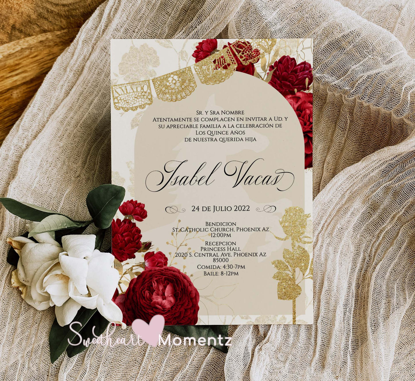 Red and Nude with Gold Charro Quinceanera Invitation Style: Isabel w/banner