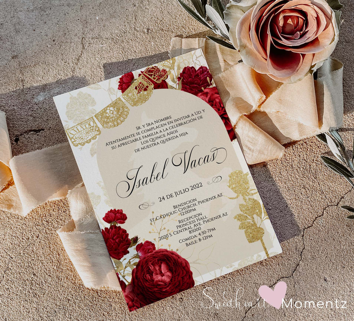 Red and Nude with Gold Charro Quinceanera Invitation Style: Isabel w/banner