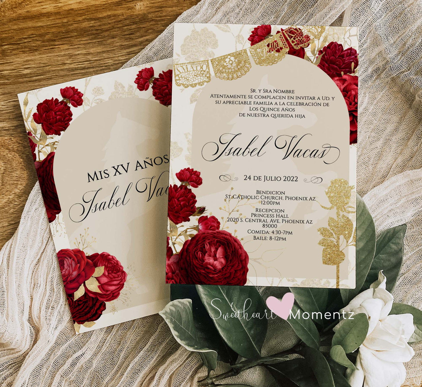 Red and Nude with Gold Charro Quinceanera Invitation Style: Isabel w/banner