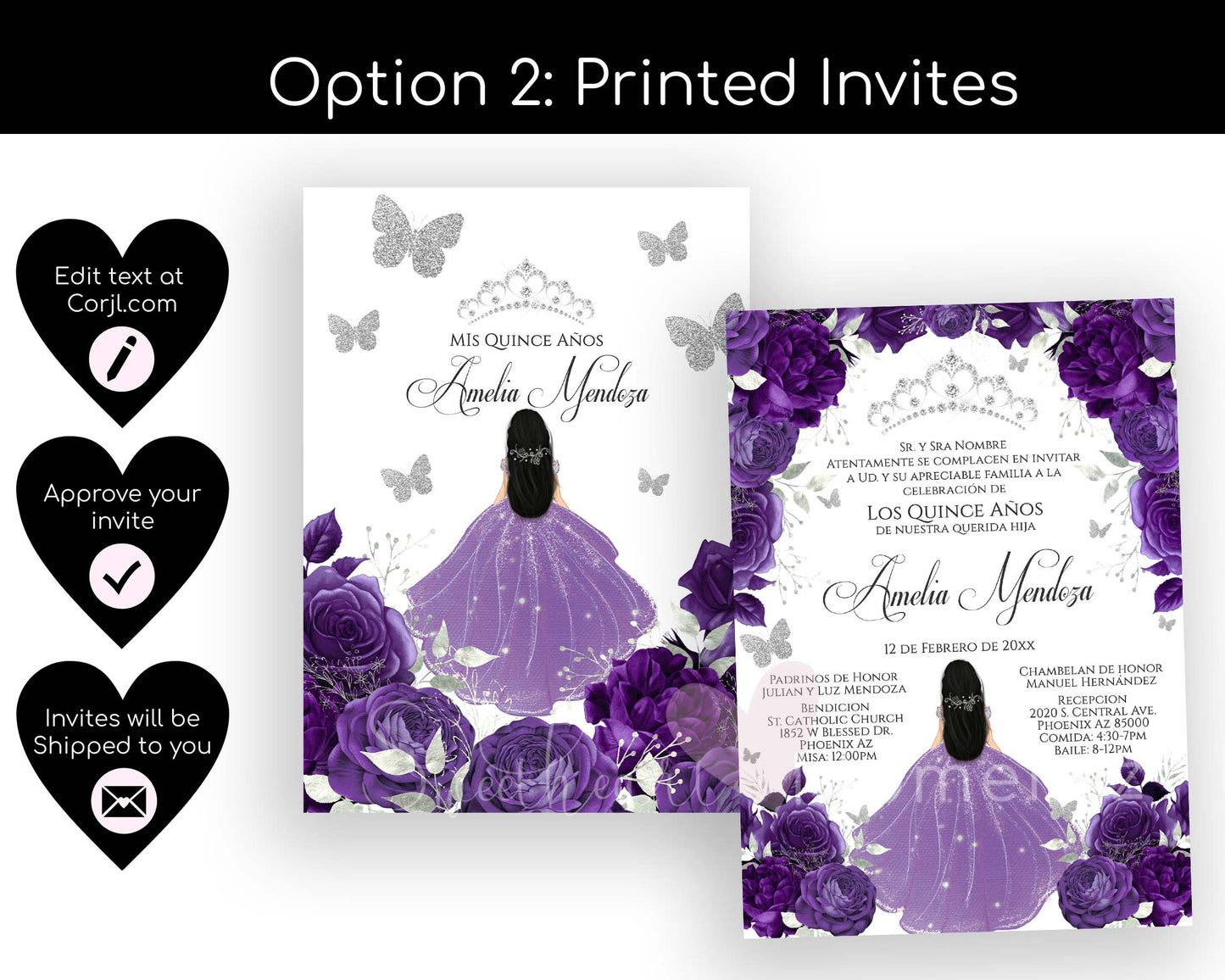 Purple and Silver Butterfly Quinceanera Invitation with White Background Style: Amelia